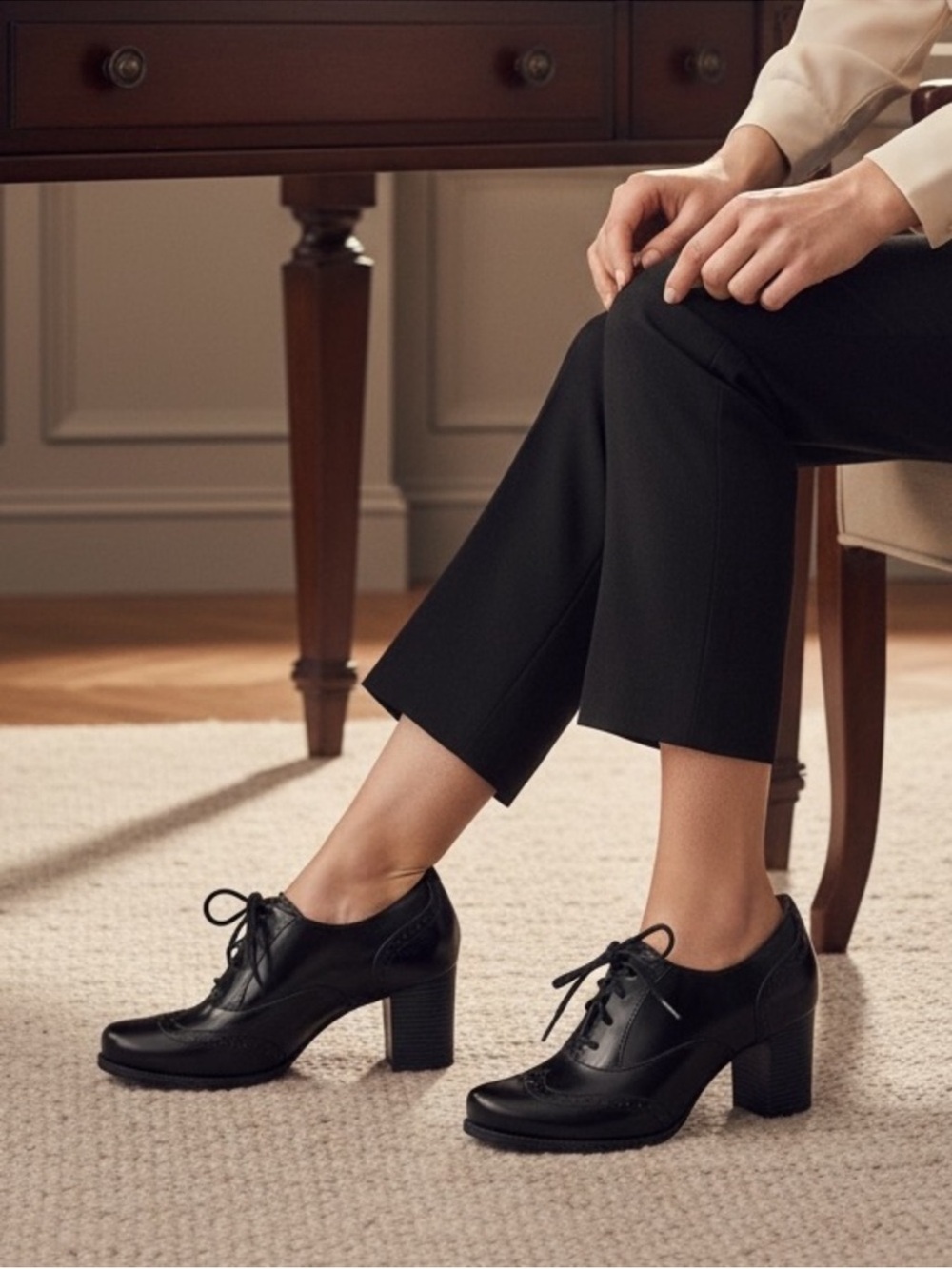 Clarks Black Lace-Up Wingtip
Heeled Oxfords